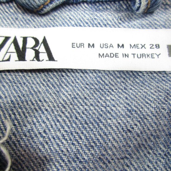Zara Trucker Jacket Womens Medium Blue Denim Crop Flap Pocket Long Sleeve Zip-Up - Picture 3 of 7